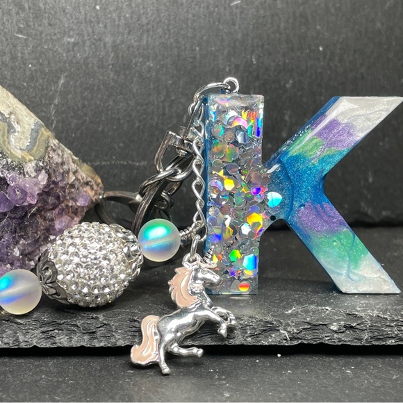 Custom Made Colorful Unicorn Keychain with Glitter Letter K - Picture 8 of 11